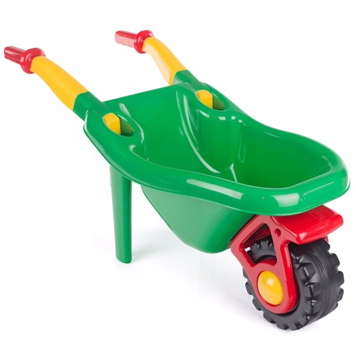 Plastikowa taczka w kolorze zielonym z żółtymi uchwytami i czerwonym kołem. Koło ma czarną oponę z żółtym środkiem.