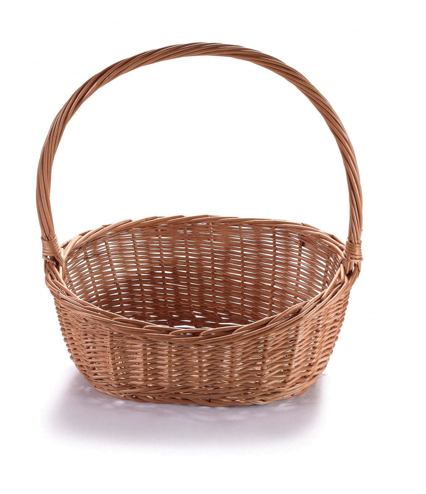 Kosz z naturalnej wikliny z dużym uchwytem, idealny do pakowania prezentów.
