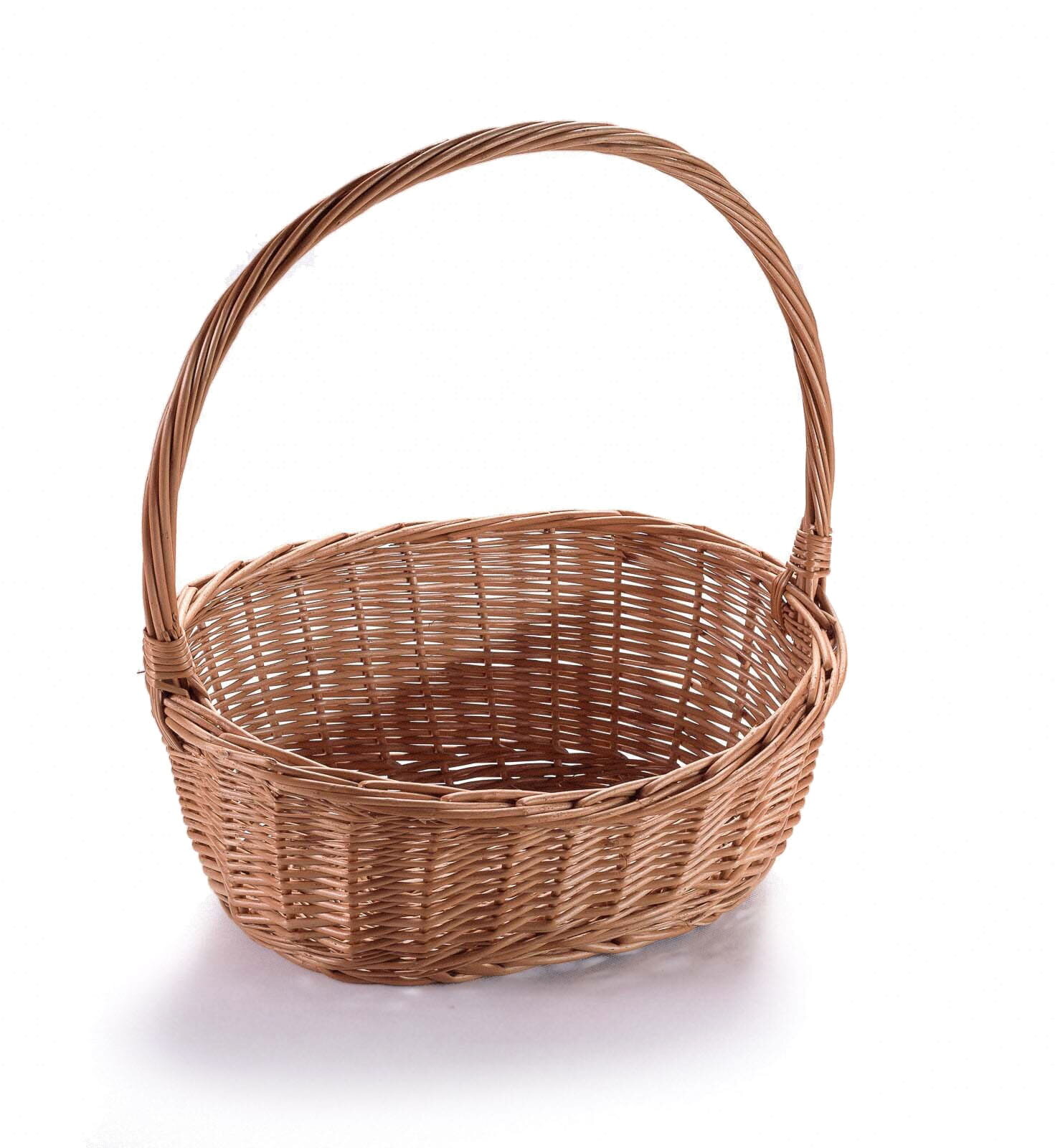 Kosz z naturalnej wikliny z uchwytem, o owalnym kształcie i plecionym wzorze.