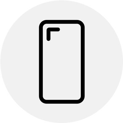 Ikona przedstawiająca kontur smartfona z zaokrąglonym rogiem w górnej części, na szarym tle.