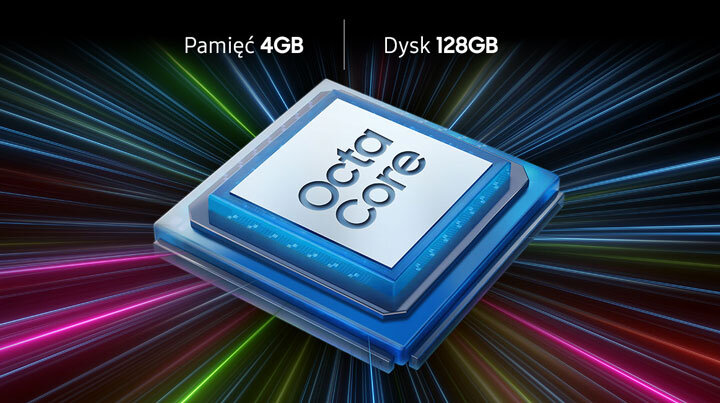 Obraz przedstawia procesor z napisem \'Octa Core\' na tle kolorowych promieni. Widoczny jest tekst: \'Pamięć 4GB Dysk 128GB\'.