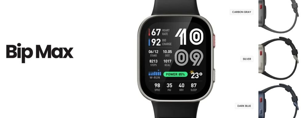 Na obrazie widoczny jest smartwatch z kolorowym wyświetlaczem, na którym pokazane są różne dane, takie jak tętno, kroki i pogoda. Obok zegarka znajdują się trzy wersje kolorystyczne paska: Carbon Gray, Silver i Dark Blue, a po lewej stronie widnieje napis \'Bip Max\'.