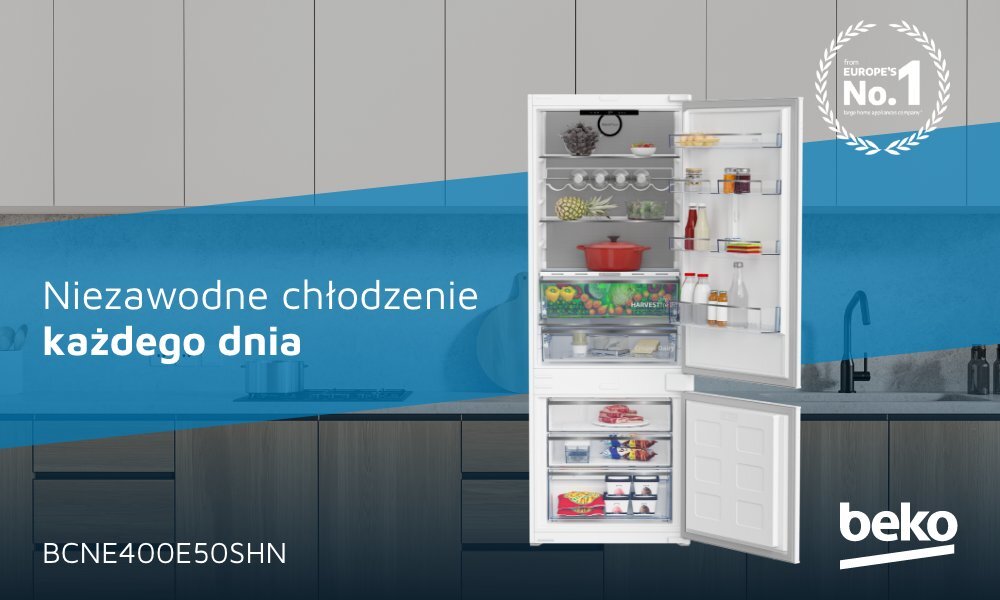 Na obrazie widoczna jest otwarta lodówka z różnymi produktami spożywczymi na półkach. Obok znajduje się tekst: \'Niezawodne chłodzenie każdego dnia\', a w prawym dolnym rogu logo \'beko\'.