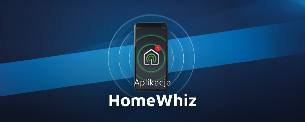 Obraz przedstawia ekran smartfona z aplikacją HomeWhiz, na którym widoczna jest ikona domu z czerwoną kropką z numerem 1. Pod ekranem znajduje się napis \'Aplikacja HomeWhiz\'.