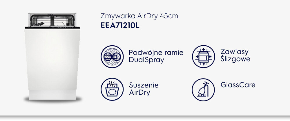 Obraz przedstawia zmywarkę ELECTROLUX EEA71210L AirDry 45 cm oraz ikony z funkcjami: Podwójne ramie DualSpray, Suszenie AirDry, Zawiasy Ślizgowe, GlassCare.