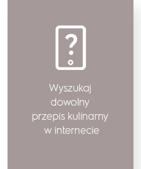 Obrazek przedstawia ikonę z symbolem znaku zapytania w prostokącie. Pod ikoną znajduje się tekst: \'Wyszukaj dowolny przepis kulinarny w internecie\'.