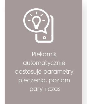 Grafika przedstawia ikonę żarówki nad smartfonem oraz tekst: \'Piekarnik automatycznie dostosuje parametry pieczenia, poziom pary i czas\'.