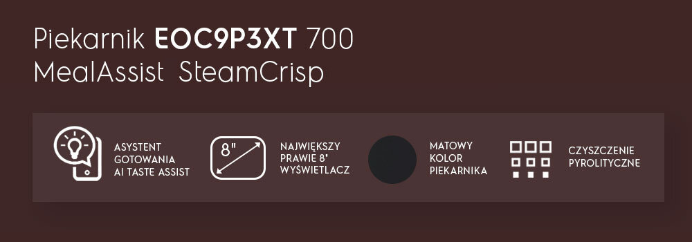 Grafika przedstawia informacje o piekarniku ELECTROLUX EOC9P3XT 700 z funkcjami MealAssist i SteamCrisp. Widoczne są ikony i teksty: \'Asystent gotowania AI Taste Assist\', \'Największy prawie 8\