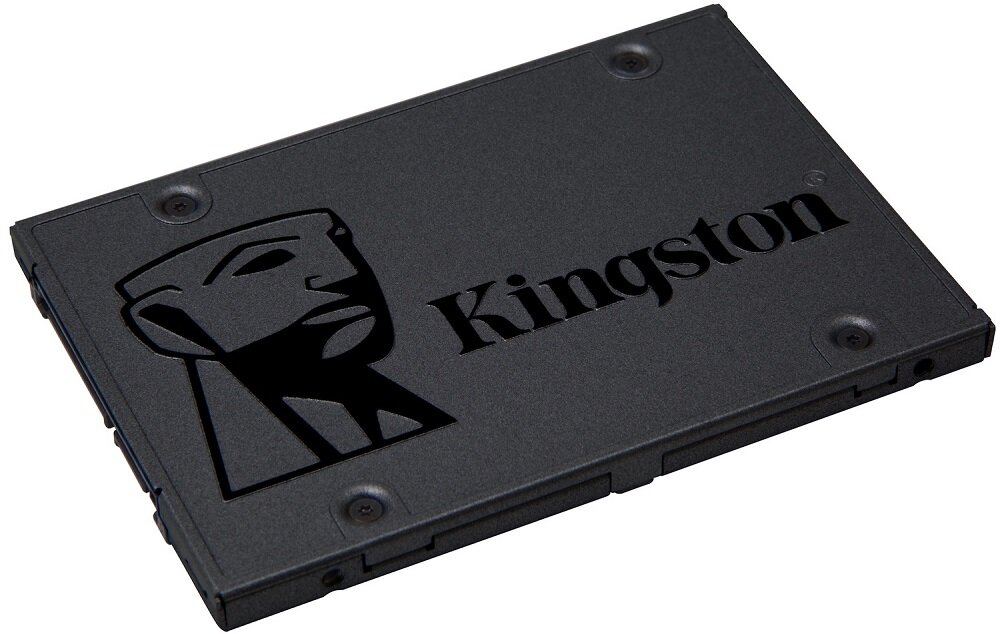Czarny dysk SSD z logo Kingston przedstawiającym stylizowaną twarz i napis \'Kingston\'.