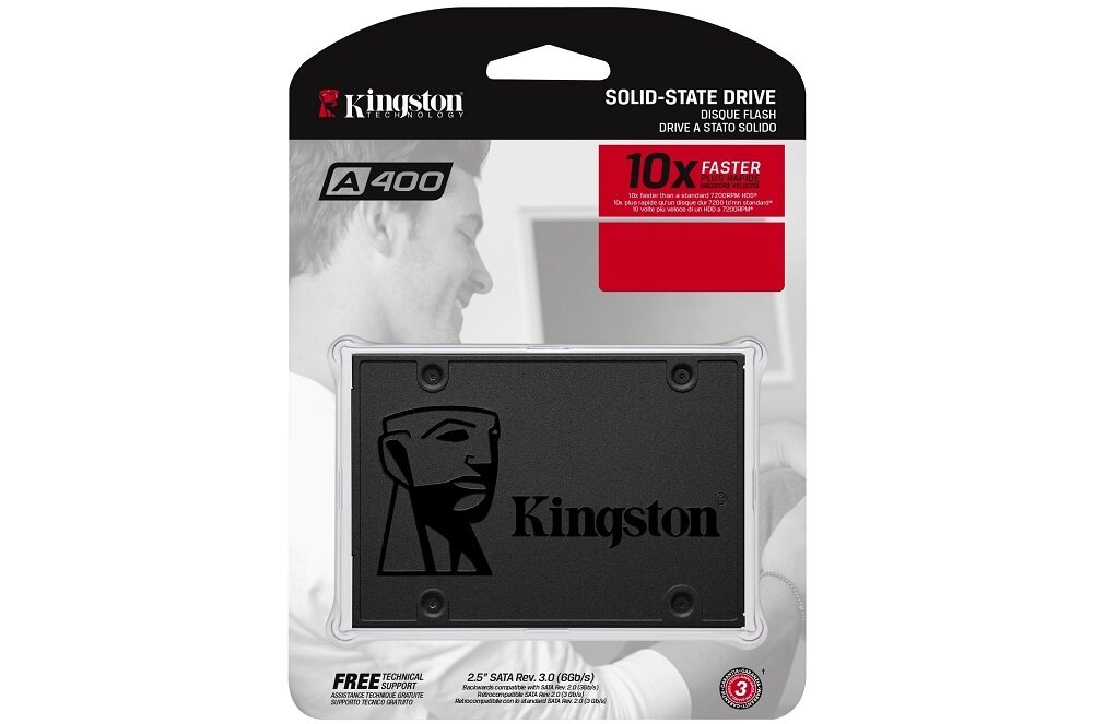 Opakowanie dysku SSD z logo Kingston i oznaczeniem A400. Na opakowaniu widoczny jest napis \'10x Faster\' oraz informacje techniczne dotyczące dysku.