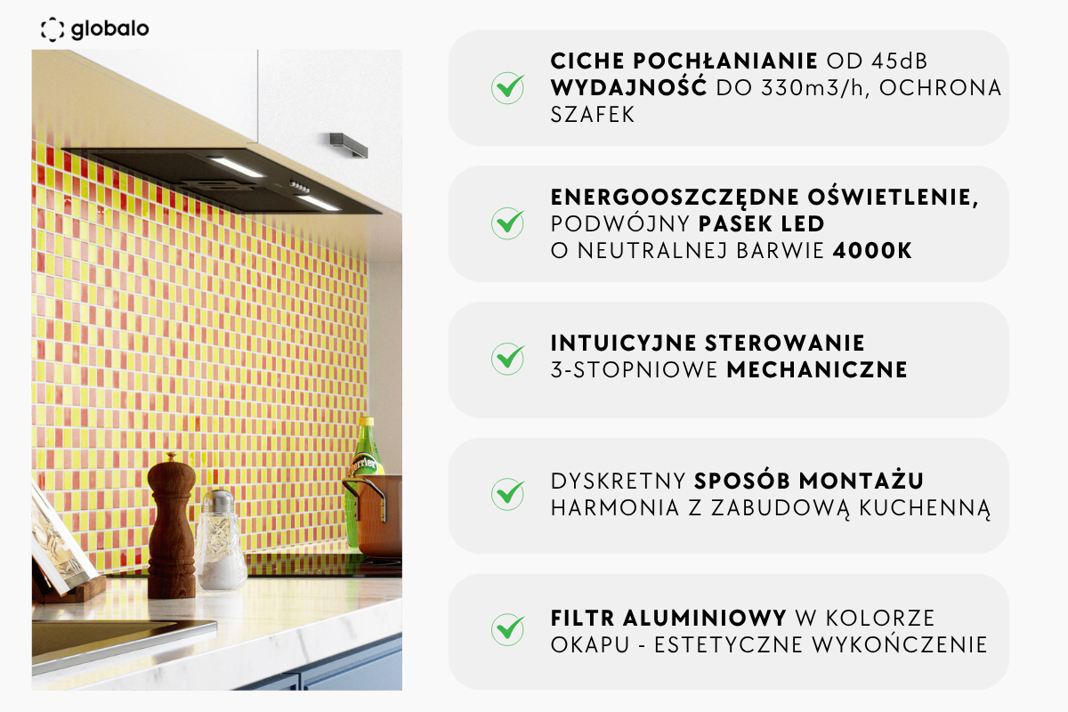 Obraz przedstawia kuchnię z okapem GLOBALO Hadario 80.2 Czarny oraz listą jego cech: ciche pochłanianie od 45dB, energooszczędne oświetlenie LED, intuicyjne sterowanie, dyskretny sposób montażu i filtr aluminiowy. Logo producenta widoczne w lewym górnym rogu to \'globalo\'.