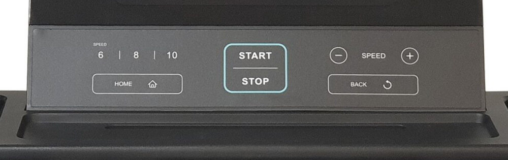Panel sterowania z przyciskami: START, STOP, HOME, BACK oraz regulacją prędkości z oznaczeniami 6, 8, 10 i symbolami plus i minus.