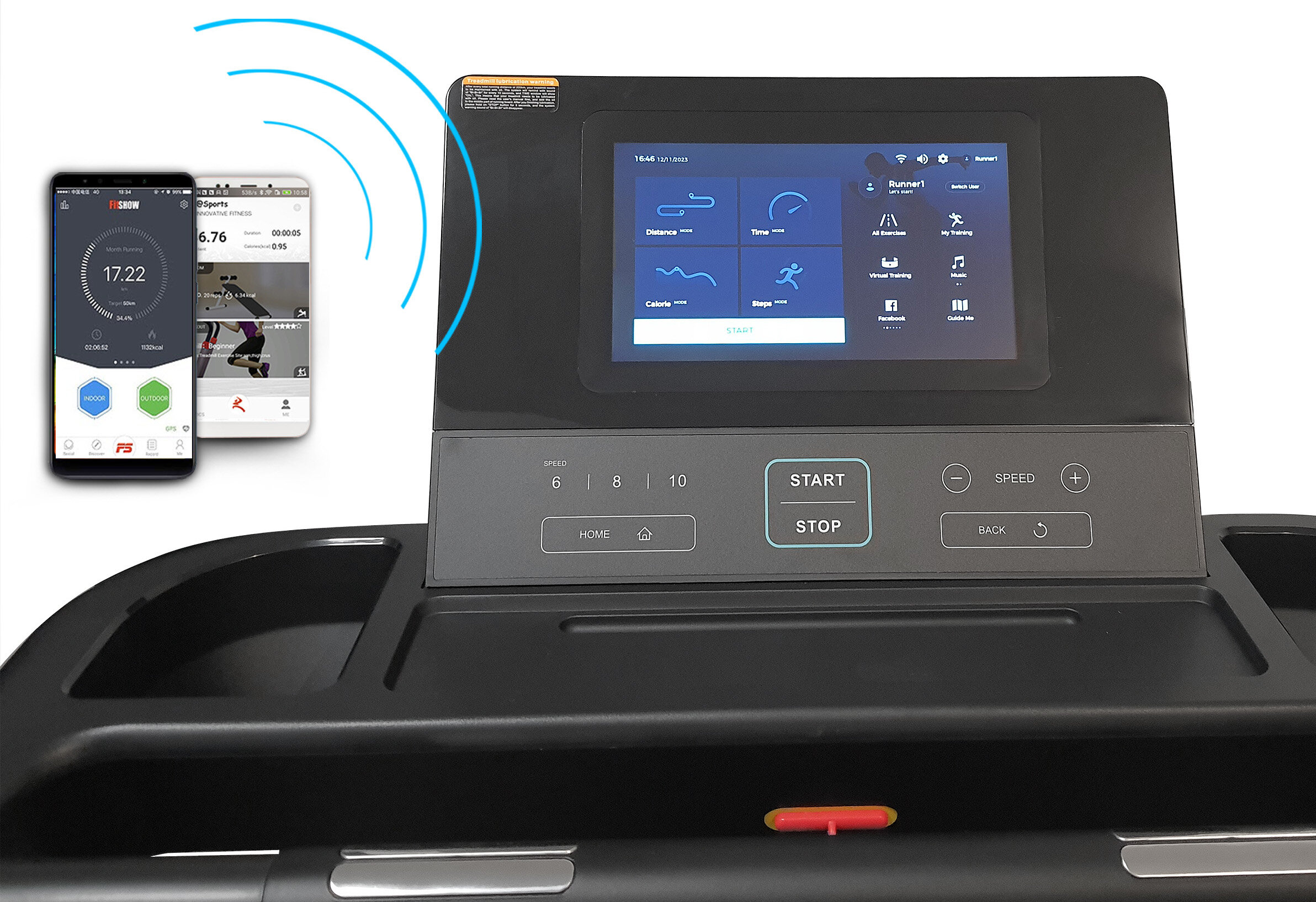 Panel sterowania bieżni elektrycznej z wyświetlaczem dotykowym pokazującym różne opcje treningowe. Obok widoczne są dwa ekrany smartfonów z aplikacjami fitness.