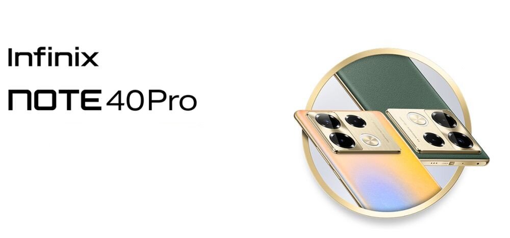 Obraz przedstawia logo \'Infinix NOTE 40 Pro\' oraz dwa smartfony z widocznymi aparatami fotograficznymi. Jeden z telefonów ma złoty kolor z gradientem, a drugi jest w kolorze złotym.