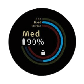 Wyświetlacz pokazuje tryby Eco, Med i Turbo oraz poziom naładowania baterii na 90%. Widoczna jest ikona kłódki i symbol baterii.