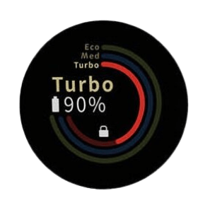 Wyświetlacz pokazuje tryby Eco, Med, Turbo oraz poziom naładowania 90% z ikoną baterii i kłódki. Widoczne są kolorowe paski wskazujące różne tryby pracy.