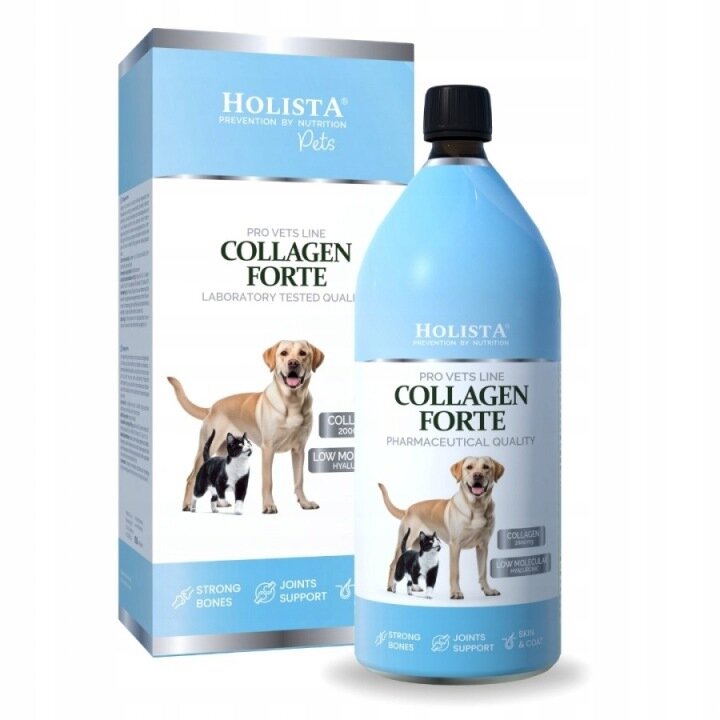 Na obrazie widoczna jest butelka i pudełko produktu \'Holista Collagen Forte\'. Na opakowaniach znajdują się zdjęcia psa i kota oraz napisy dotyczące jakości farmaceutycznej i wsparcia dla stawów.