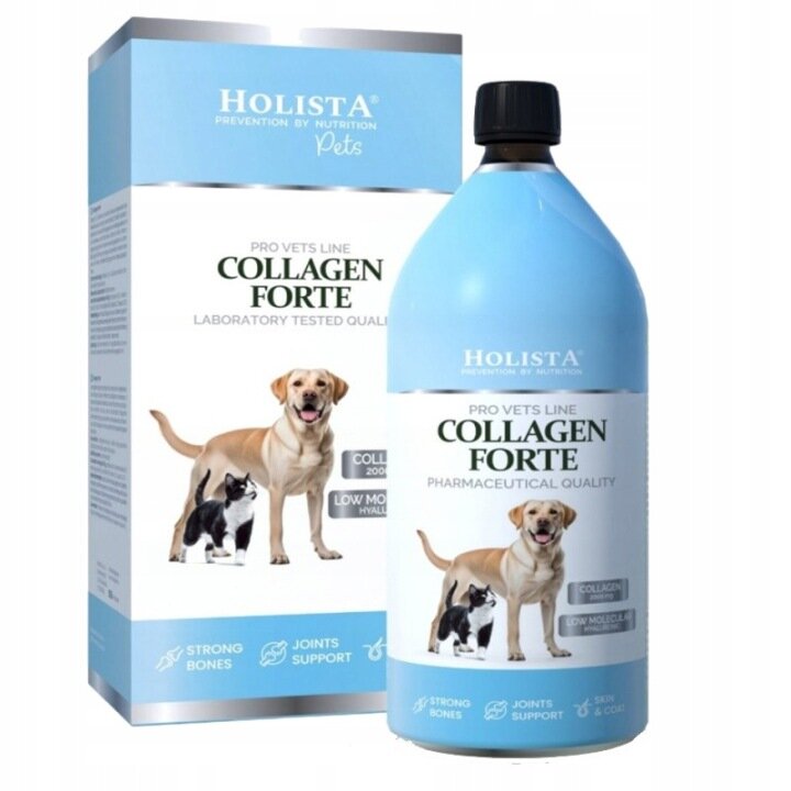 Na obrazie widoczna jest butelka i pudełko produktu \'Holista Collagen Forte\'. Na opakowaniach znajdują się wizerunki psa i kota oraz napisy dotyczące jakości farmaceutycznej i wsparcia dla stawów i kości.