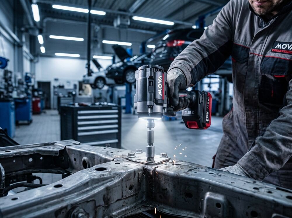 Osoba w kombinezonie roboczym używa zakrętarki udarowej MOVA PID230B do pracy na metalowej konstrukcji, z której sypią się iskry. W tle widać warsztat samochodowy z podniesionymi pojazdami.