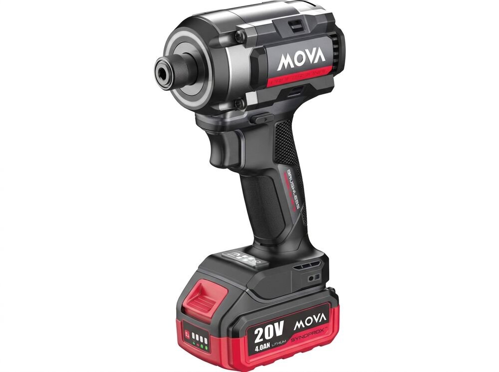 Na obrazie widoczna jest zakrętarka udarowa z logo MOVA, z akumulatorem oznaczonym jako 20V 4.0Ah Lithium. Urządzenie ma czarno-czerwoną kolorystykę i ergonomiczną rękojeść.