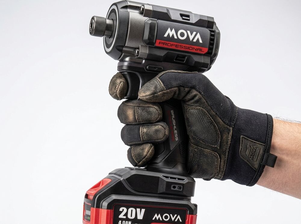 Osoba w rękawicy trzyma zakrętarkę udarową z napisem \'MOVA PROFESSIONAL\' oraz \'BRUSHLESS\'. Widoczna jest bateria z oznaczeniem \'20V 4.0Ah\'.