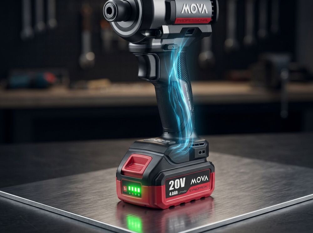 Na obrazie widoczna jest zakrętarka udarowa z logo MOVA, umieszczona na metalowej powierzchni. Na baterii widnieje napis \'20V 4.0Ah\' oraz wskaźnik naładowania z czterema zielonymi diodami.