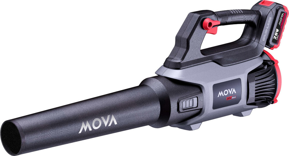 Na obrazie widoczna jest dmuchawa do liści z napisem \'MOVA 20V max\' na obudowie. Urządzenie ma czarną i szarą kolorystykę z czerwonymi akcentami na uchwycie i baterii.