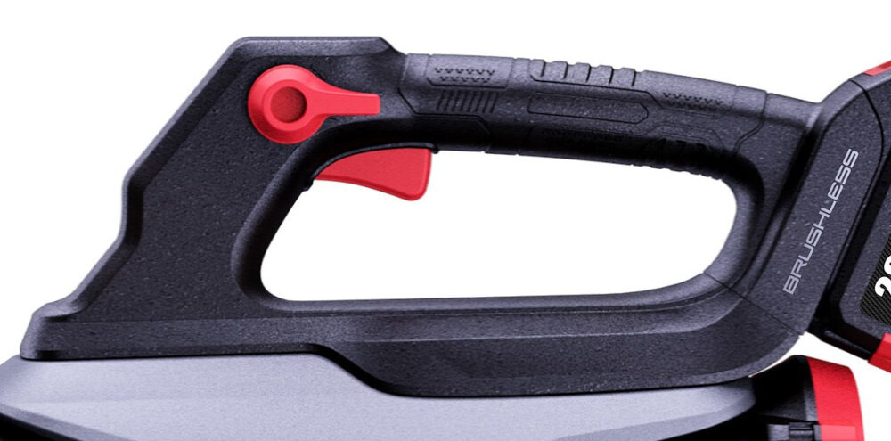 Czarna rękojeść urządzenia z czerwonym przyciskiem i napisem \'BRUSHLESS\'.