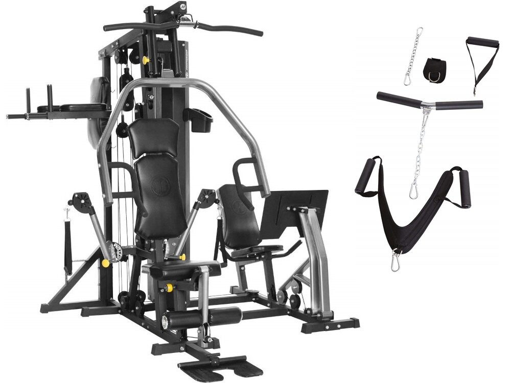 Atlas HORIZON FITNESS Torus 5 atlas z akcesoriami na białym tle zestaw atlas drążek z gumowym uchwytem drążek do ciągnięcia w dół uchwyt a brzuch i kostki łańcuch 3 haki dwie rączki materiałowe dokumentacja