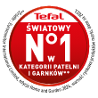 Czerwone logo z białym napisem: \'Tefal Światowy Nr 1 w kategorii patelni i garnków\'.