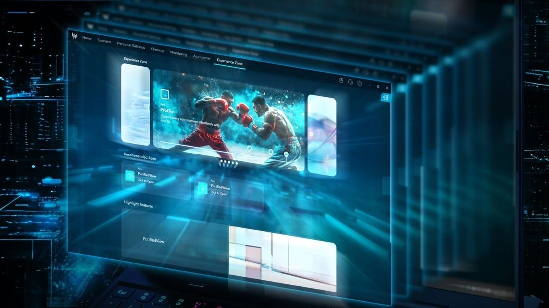 Na ekranie laptopa wyświetlony jest interfejs z aplikacjami, w tym obraz dwóch bokserów. W tle widoczne są elementy graficzne przypominające futurystyczne miasto.