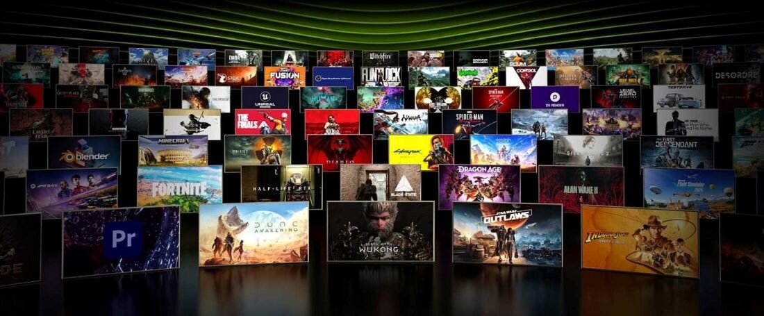 Obraz przedstawia wiele okładek gier komputerowych ułożonych w formie mozaiki. Widoczne są tytuły takie jak \'Fortnite\', \'Wukong\', \'Dragon Age\' oraz \'Outlaws\'.