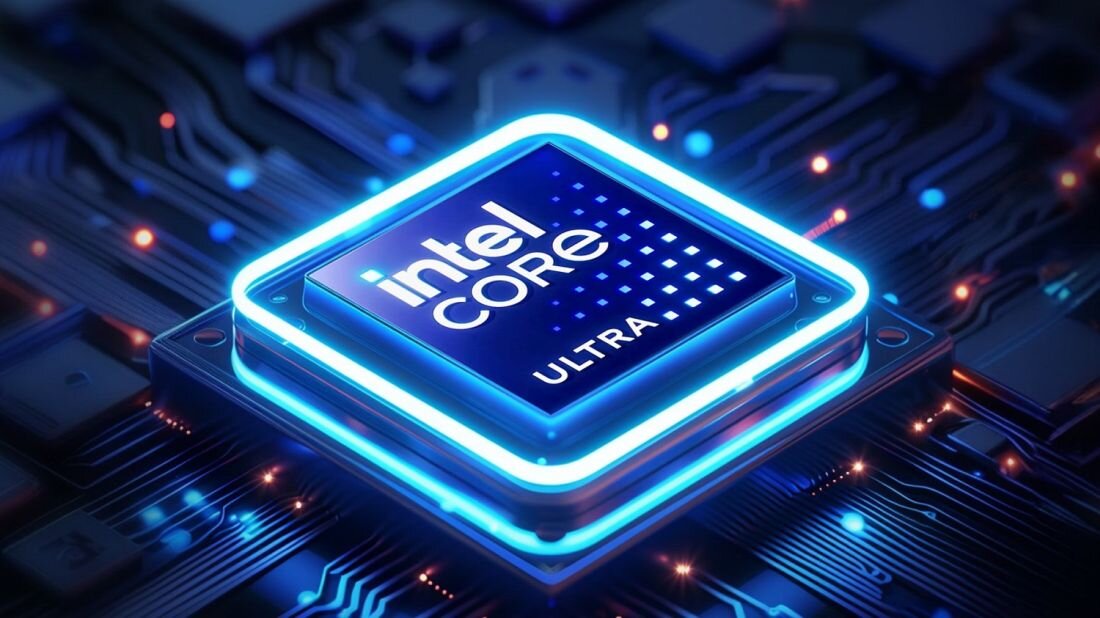Obraz przedstawia procesor z napisem \'intel CORE ULTRA\' na tle płyty głównej z widocznymi ścieżkami i podświetleniem w kolorze niebieskim.