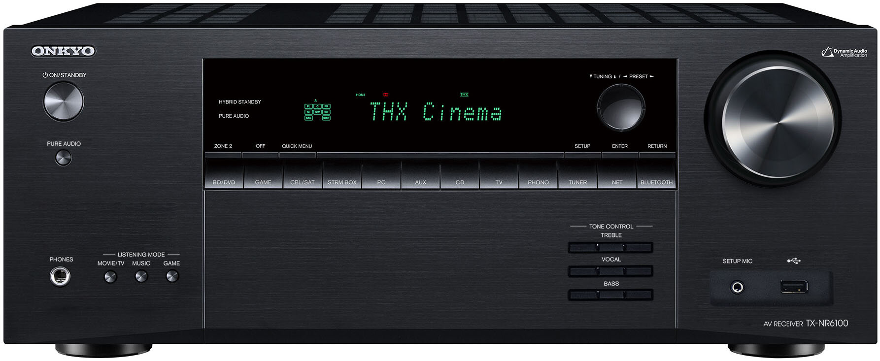 Czarny amplituner z wyświetlaczem pokazującym tekst \'THX Cinema\' oraz różnymi przyciskami i pokrętłami na panelu przednim. Widoczne logo \'ONKYO\' oraz napis \'AV RECEIVER TX-NR6100\'.