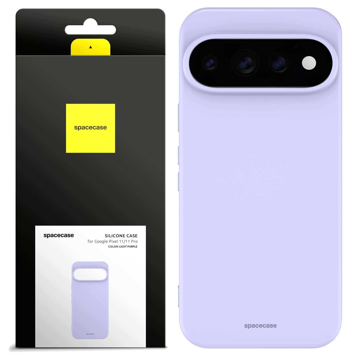 Na obrazie widoczne jest fioletowe silikonowe etui na telefon z trzema otworami na aparat. Obok znajduje się opakowanie z logo \'spacecase\' i napisem \'SILICONE CASE for Google Pixel 11/11 Pro COLOR: LIGHT PURPLE\'.