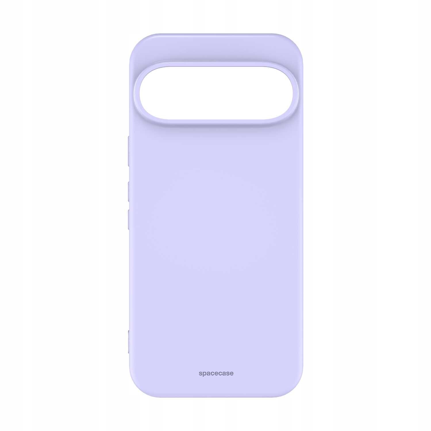 Fioletowe silikonowe etui na telefon z dużym otworem na aparat. Na dole widoczny jest napis \'spacecase\'.