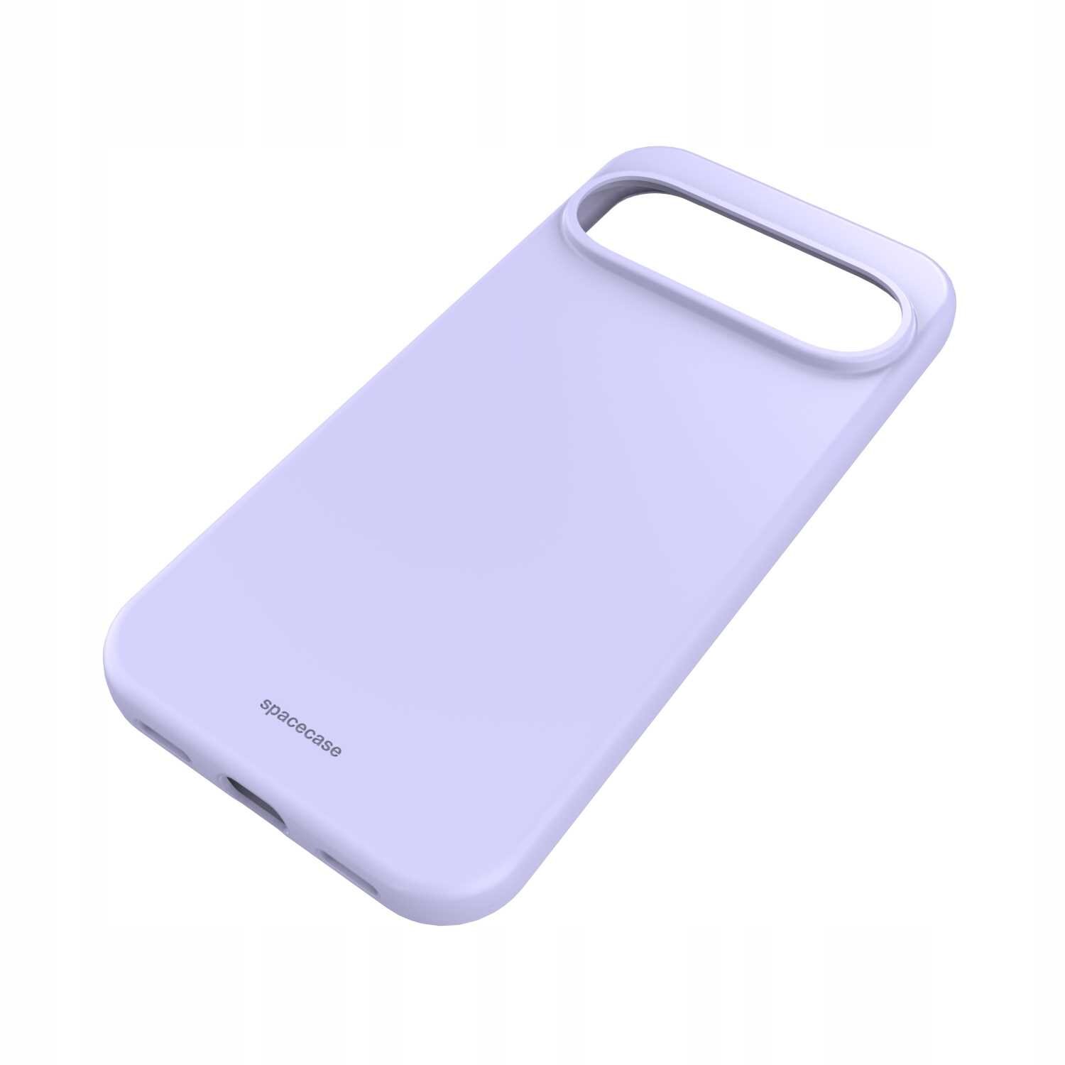 Fioletowe silikonowe etui z wycięciem na aparat, z napisem \'spacecase\' na dole.