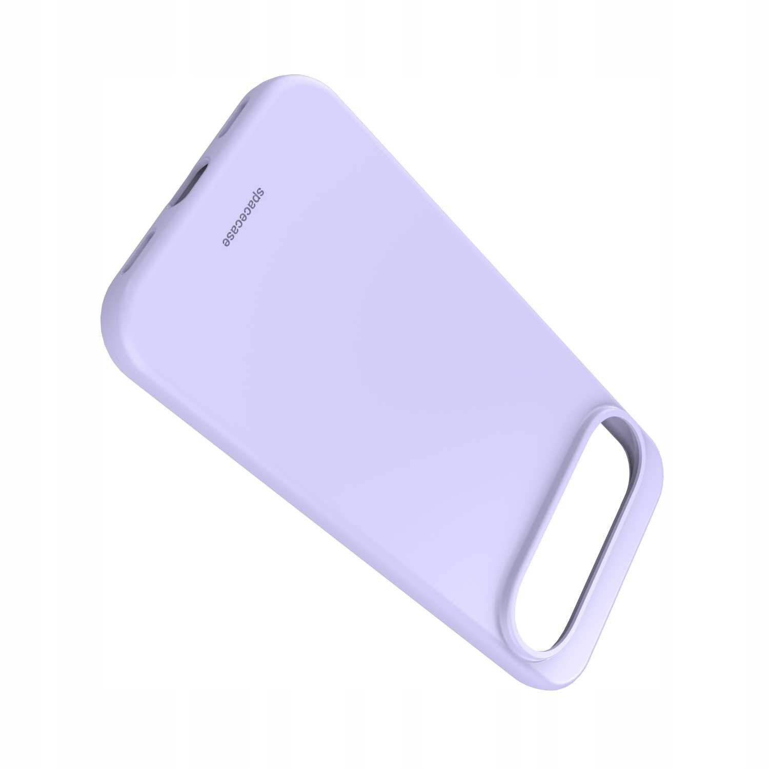 Fioletowe silikonowe etui z wycięciem na aparat i napisem \'spacecase\'.