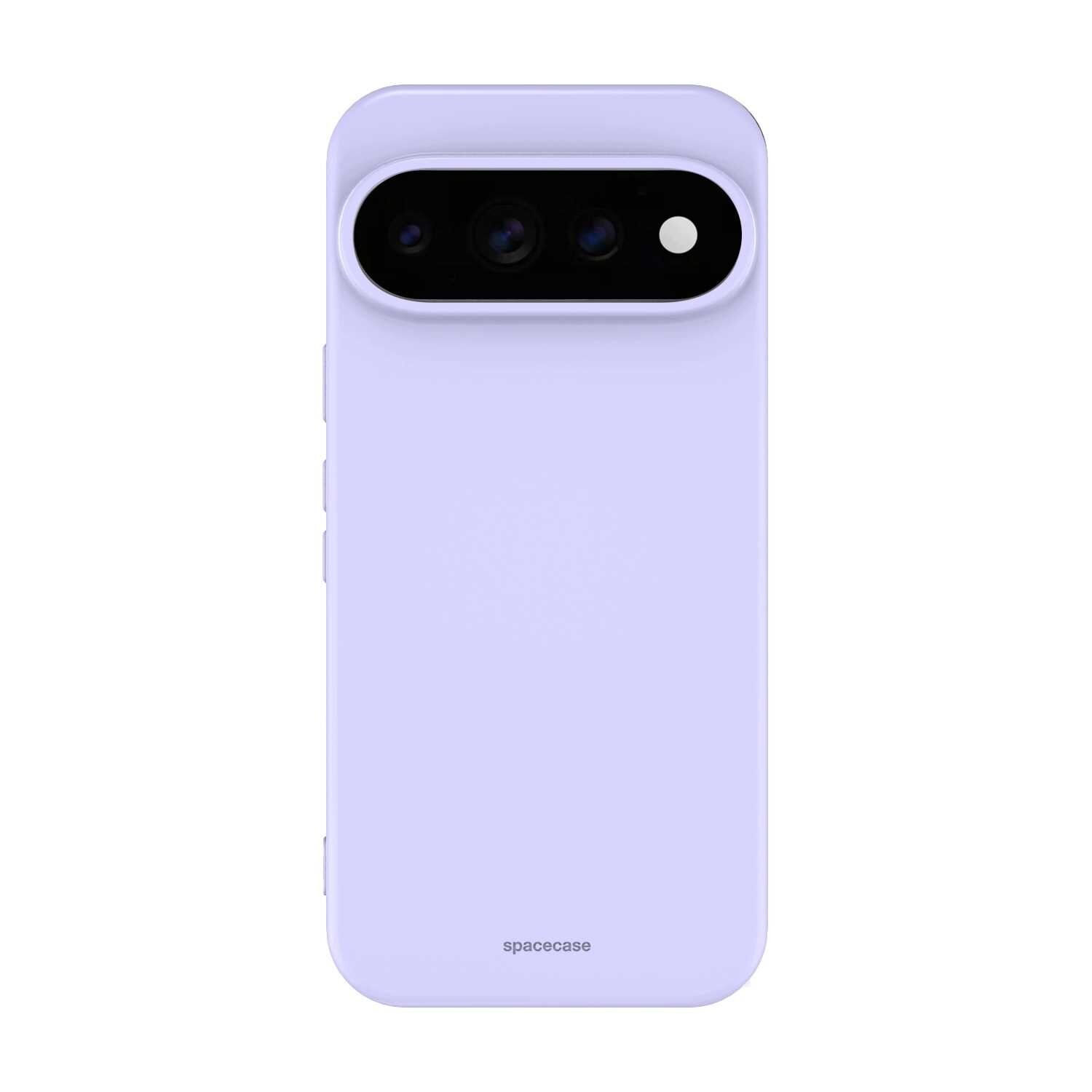 Fioletowe silikonowe etui na telefon z wycięciem na aparat i napisem \'spacecase\' na dole.