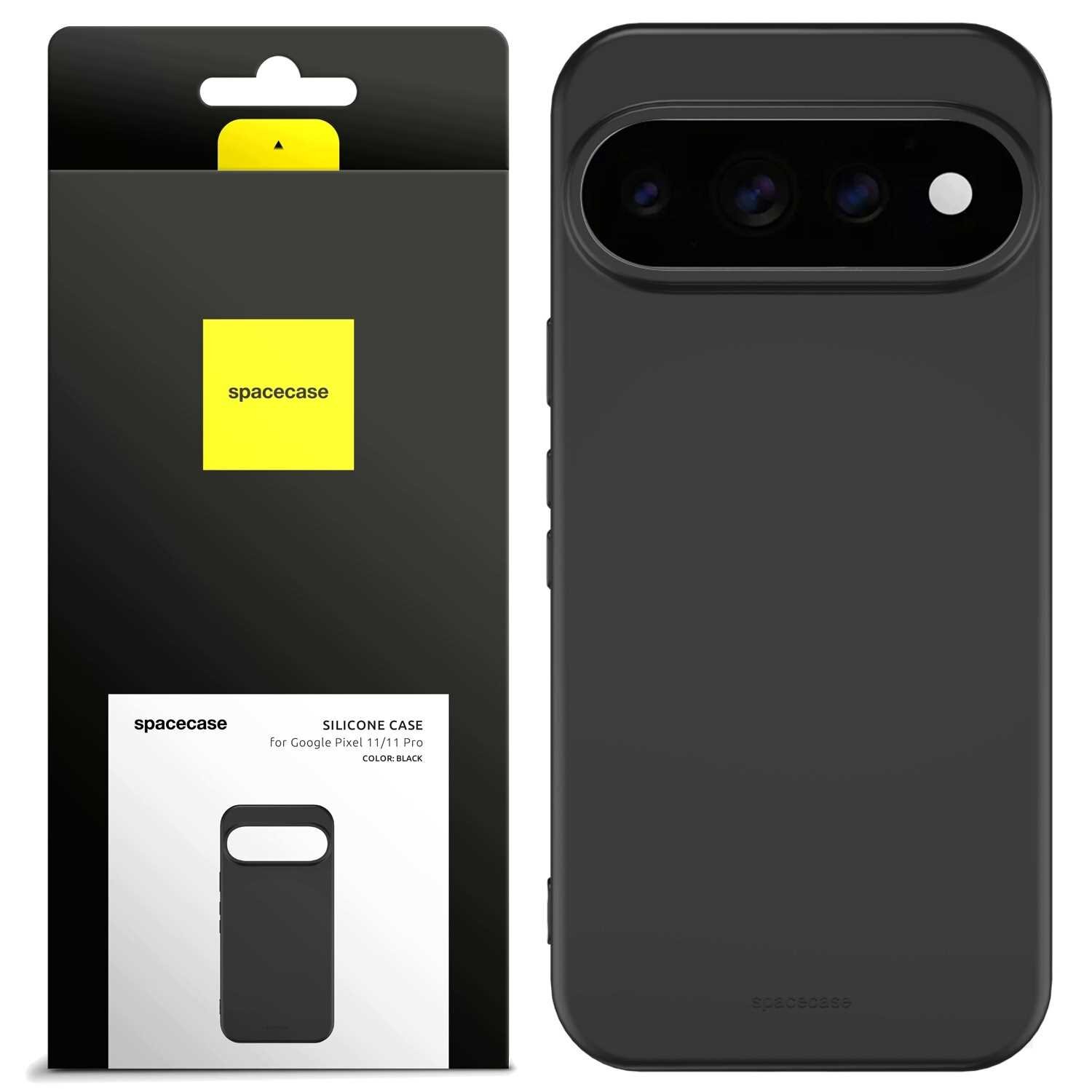 Obraz przedstawia czarne silikonowe etui na telefon z trzema otworami na aparaty i jednym na lampę błyskową. Obok znajduje się opakowanie z logo \'spacecase\' i napisem \'SILICONE CASE for Google Pixel 11/11 Pro COLOR: BLACK\'.