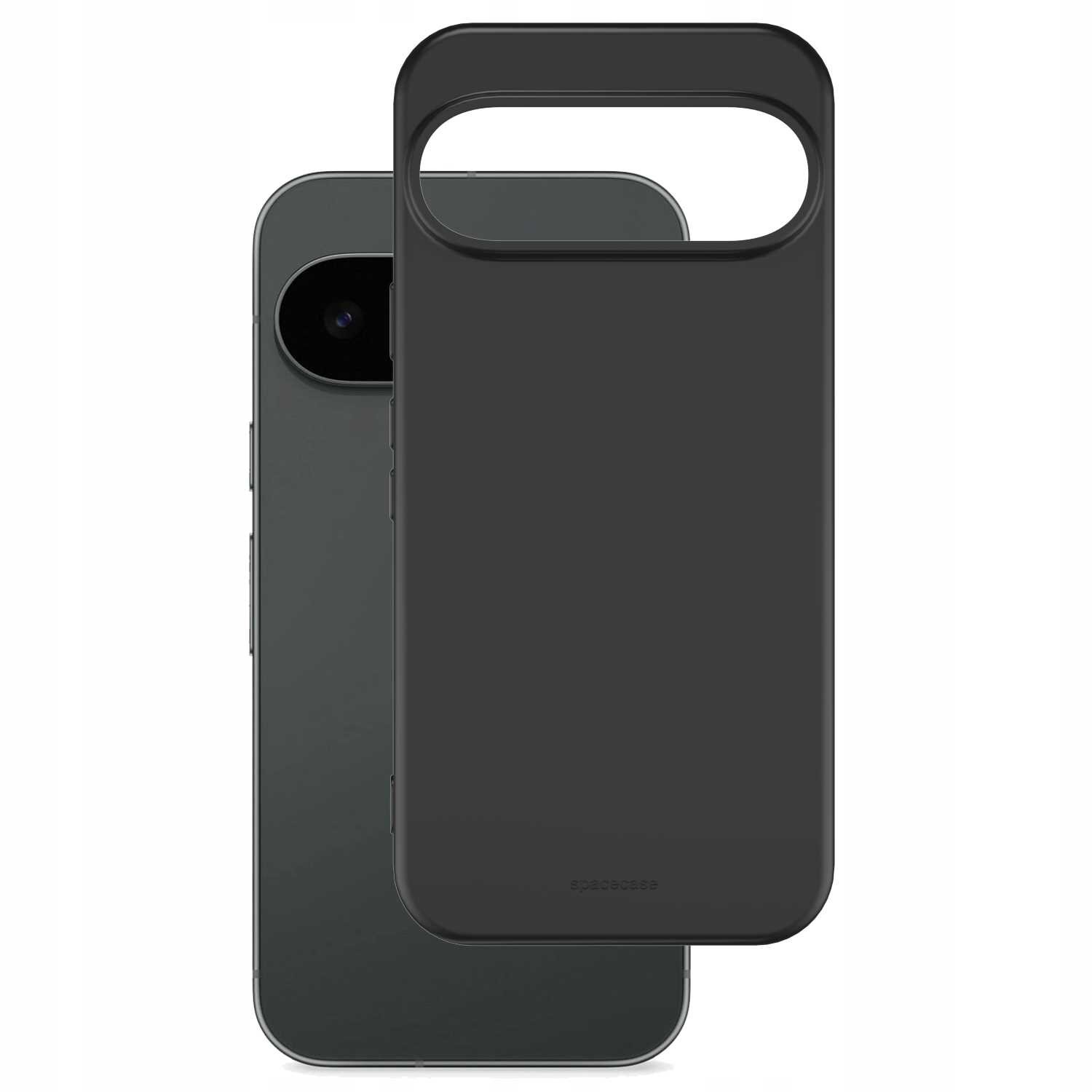 Na obrazie widoczne jest czarne silikonowe etui z dużym otworem na aparat, umieszczone przed smartfonem. Na etui znajduje się napis \'SPACECASE\'.
