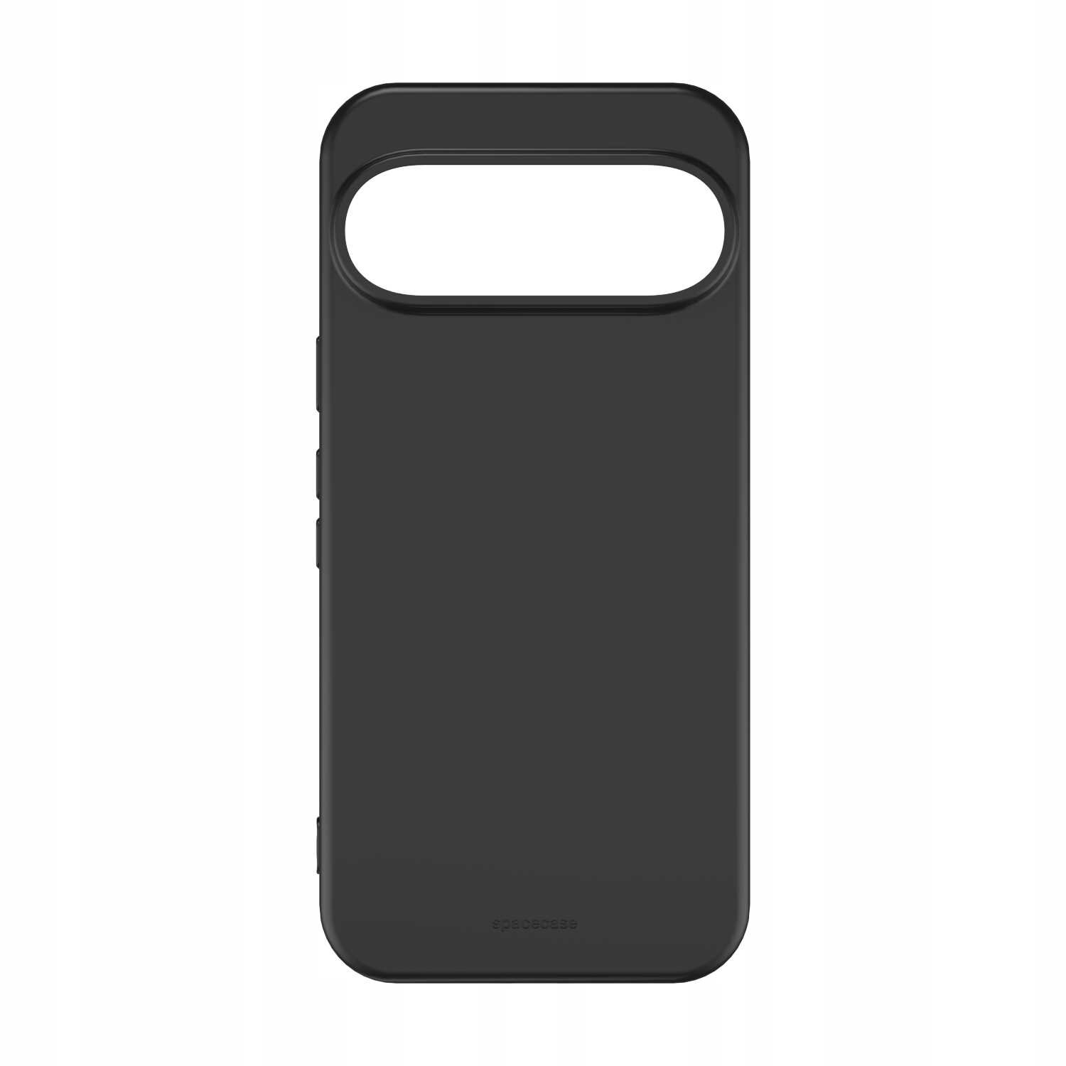 Czarne silikonowe etui z dużym otworem na aparat, przeznaczone do telefonu. Na dole widoczny jest napis \'spacecase\'.