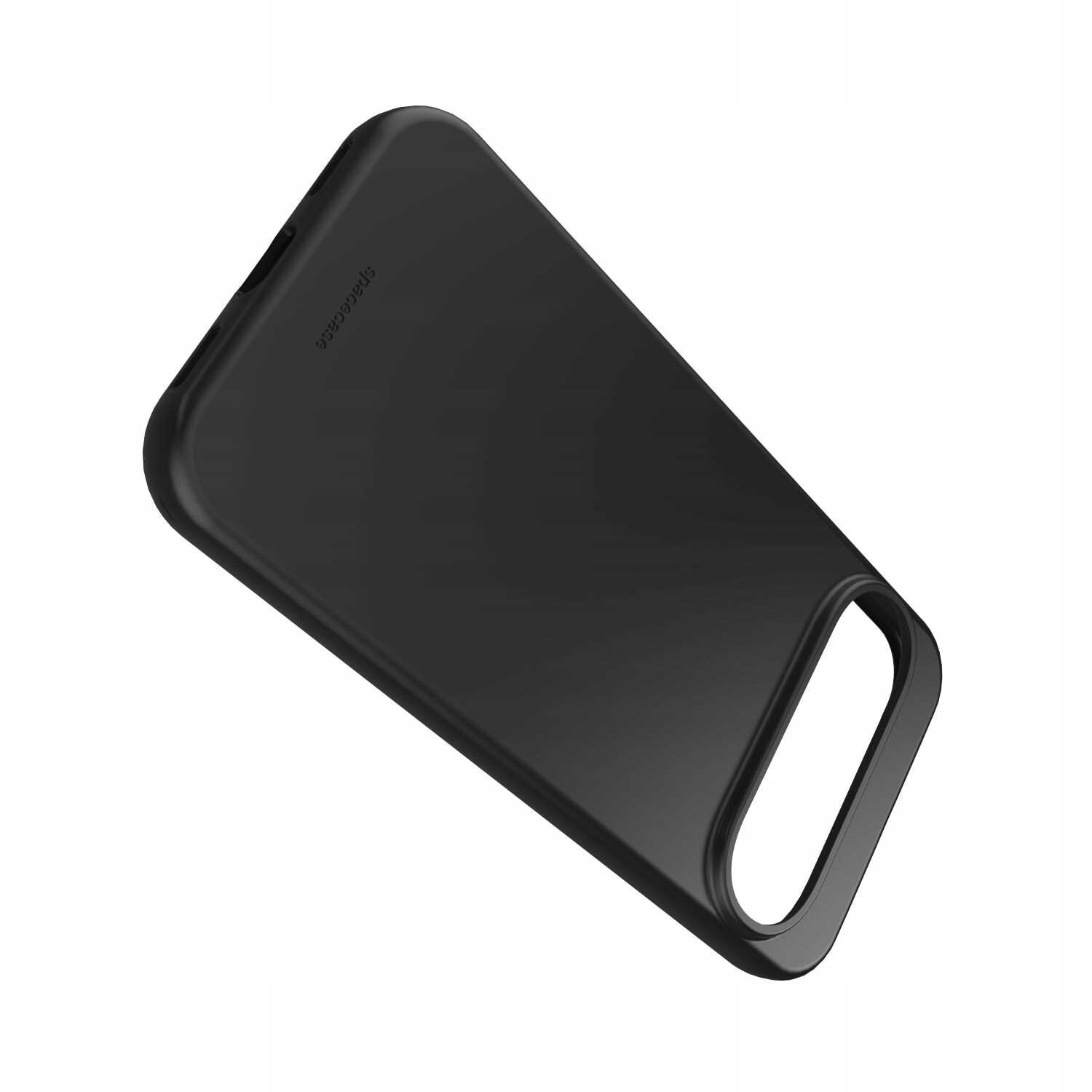 Czarne silikonowe etui z wycięciem na aparat, widoczne logo \'SPACECASE\'.