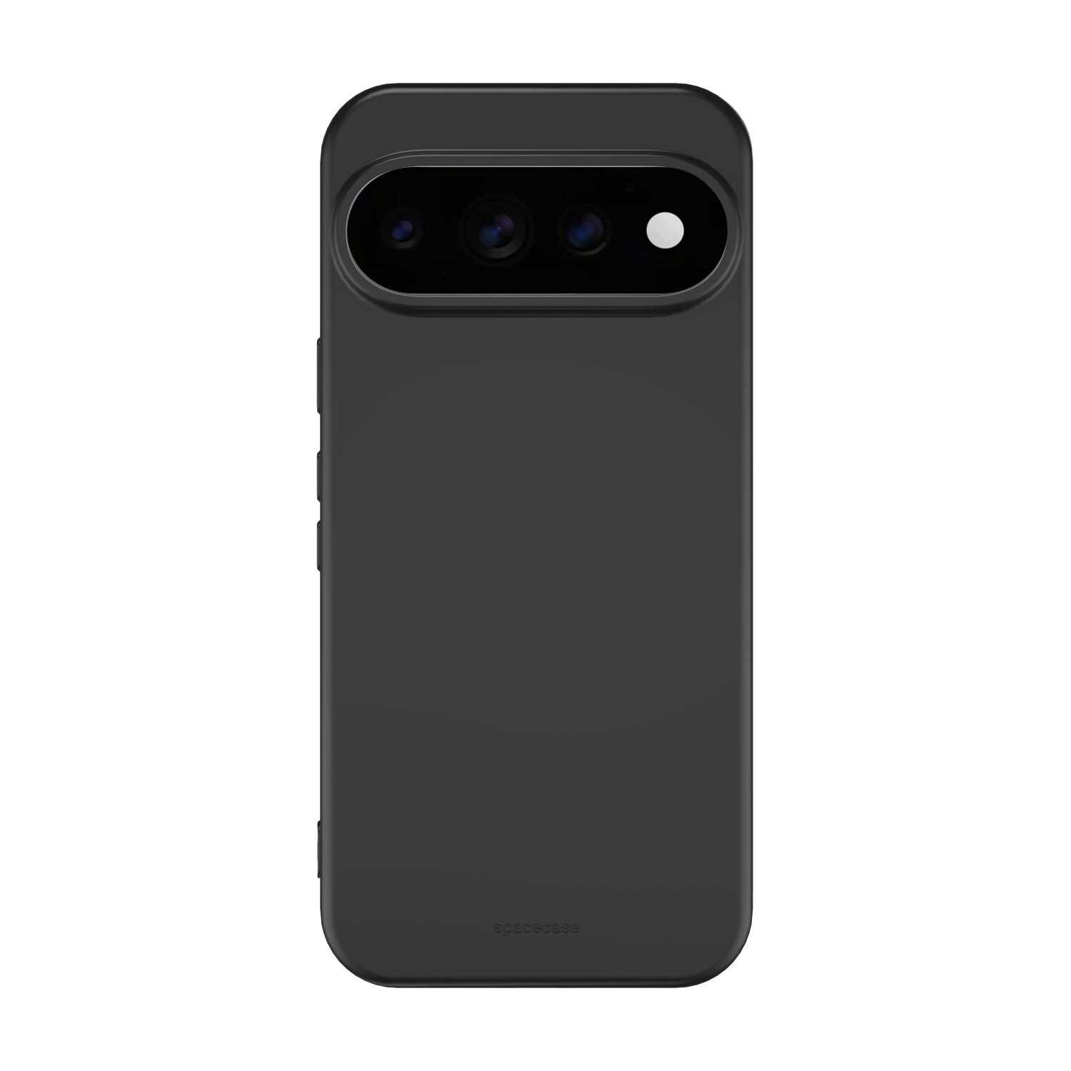 Czarne silikonowe etui na telefon z wycięciem na aparat i logo SPACECASE na dole.