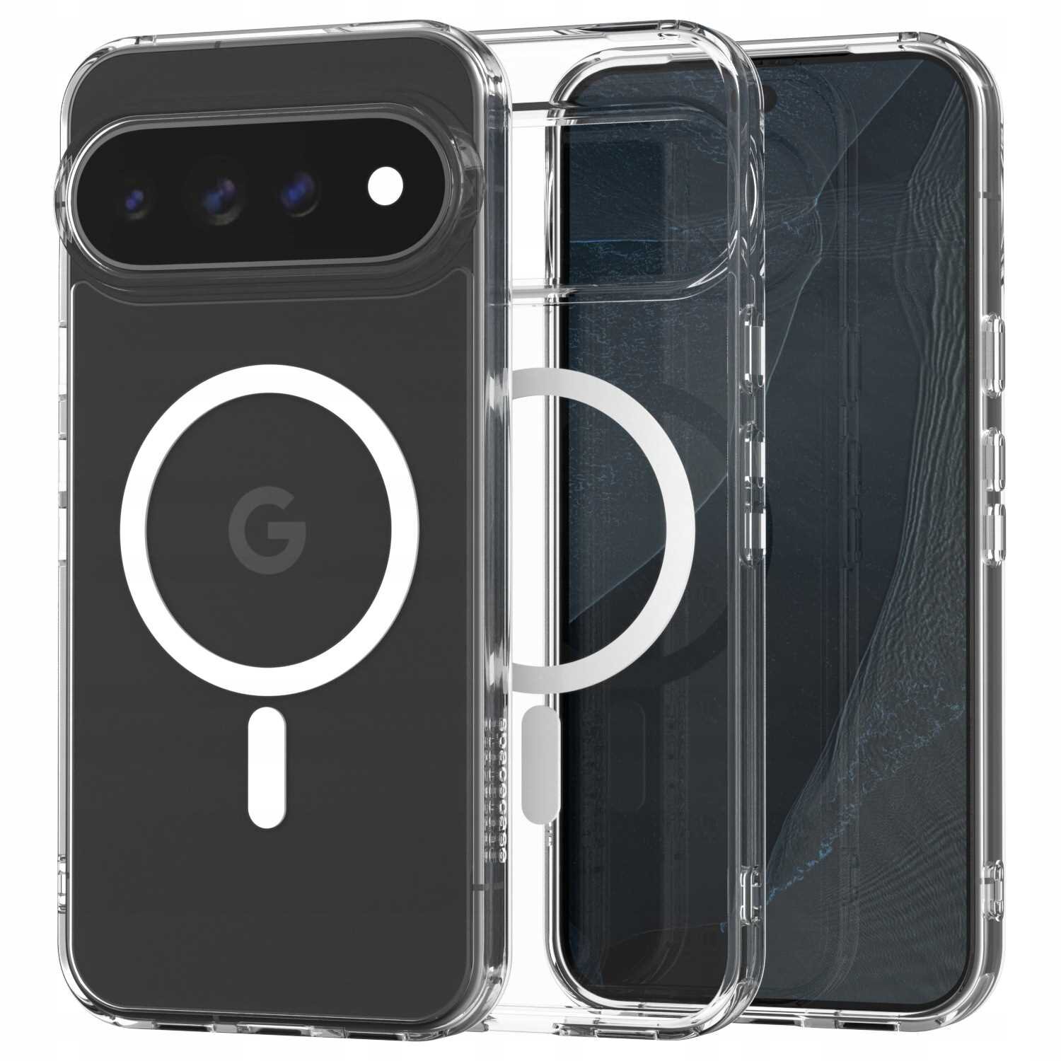 Przezroczyste etui na telefon z widocznym okrągłym wzorem i literą \'G\'. Etui jest zaprojektowane do modelu telefonu z trzema obiektywami aparatu.