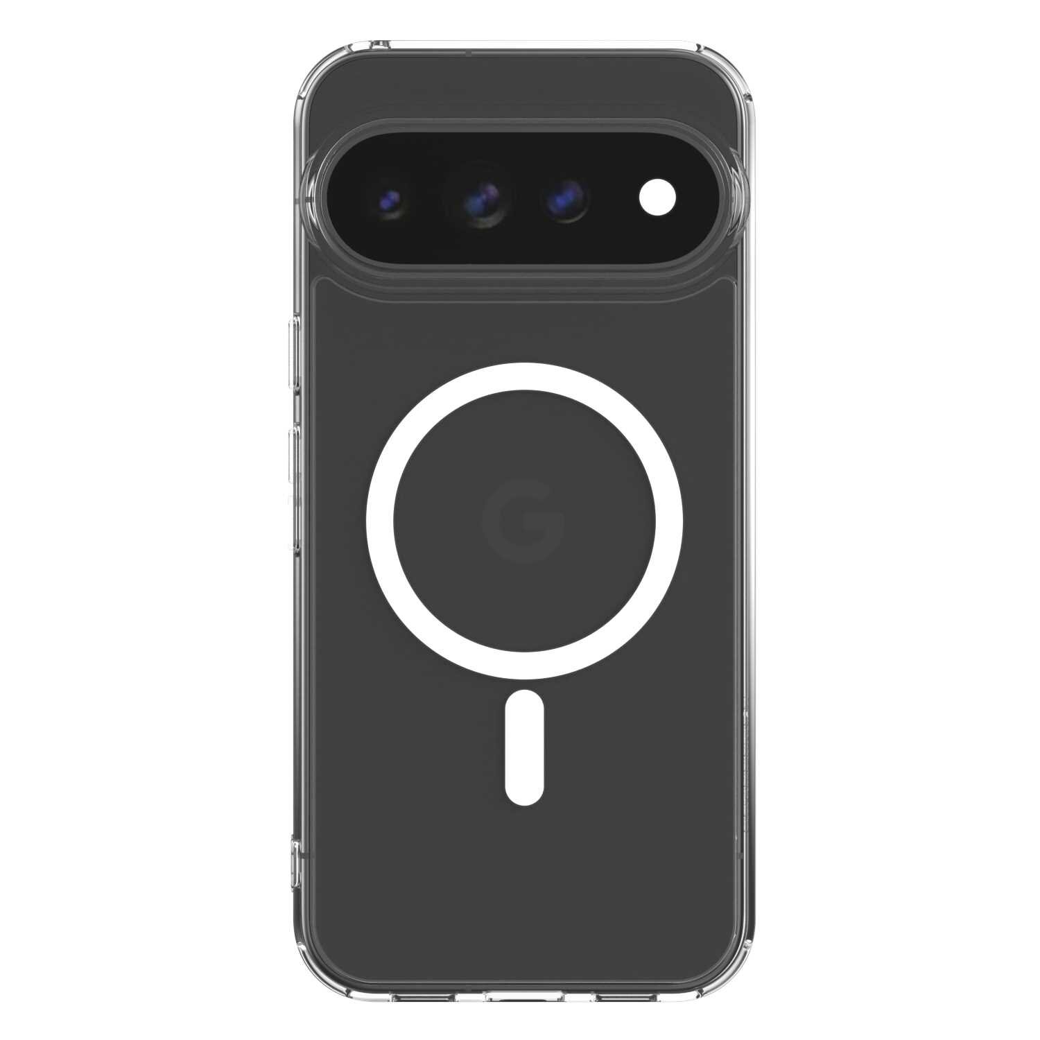 Przezroczyste etui na telefon z widocznym okrągłym wzorem i literą \'G\' na środku. W górnej części znajduje się wycięcie na aparat z trzema obiektywami i lampą błyskową.