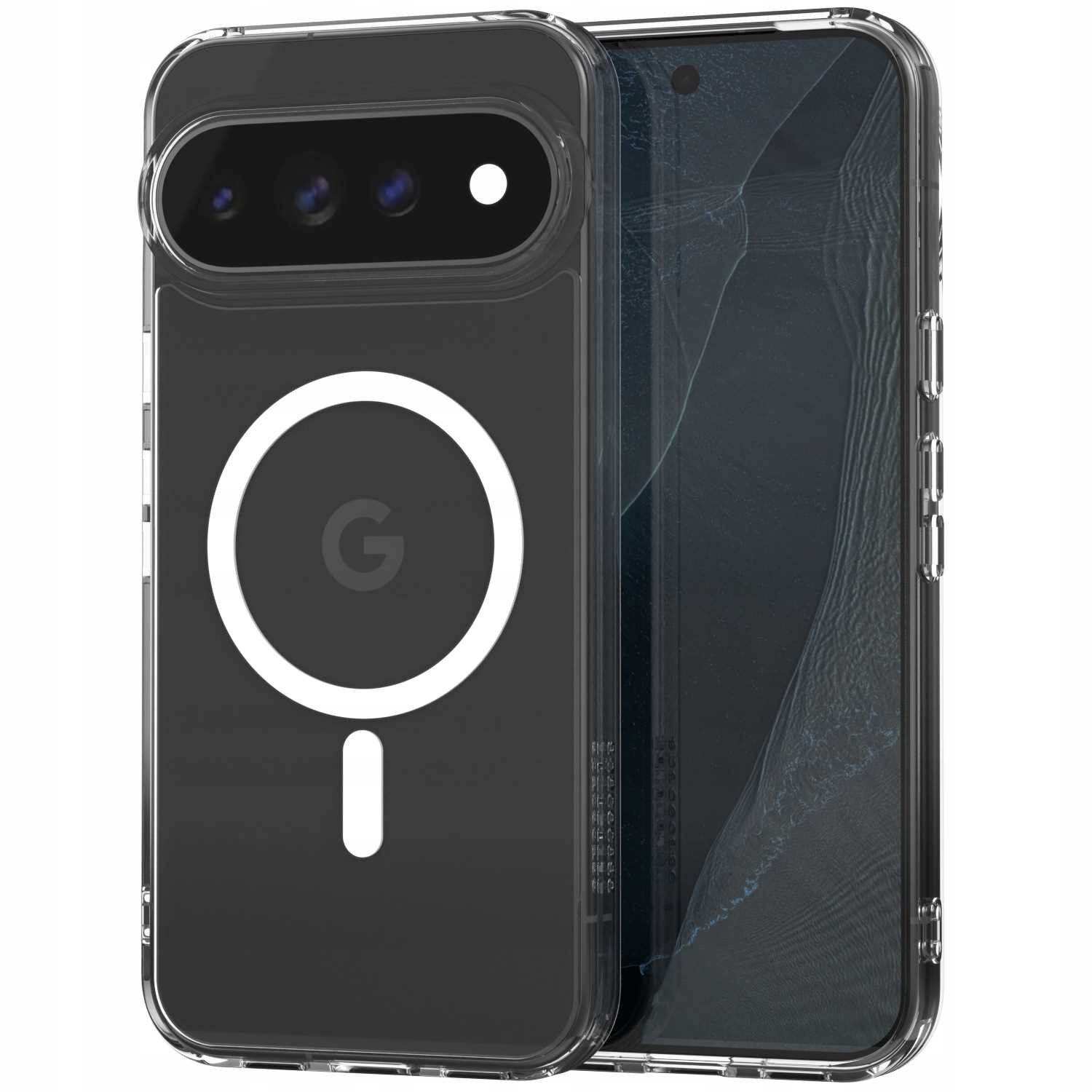 Przezroczyste etui na telefon z widocznym okrągłym wzorem i literą \'G\' na tylnej części. Etui jest dopasowane do telefonu z trzema obiektywami aparatu i otworem na lampę błyskową.