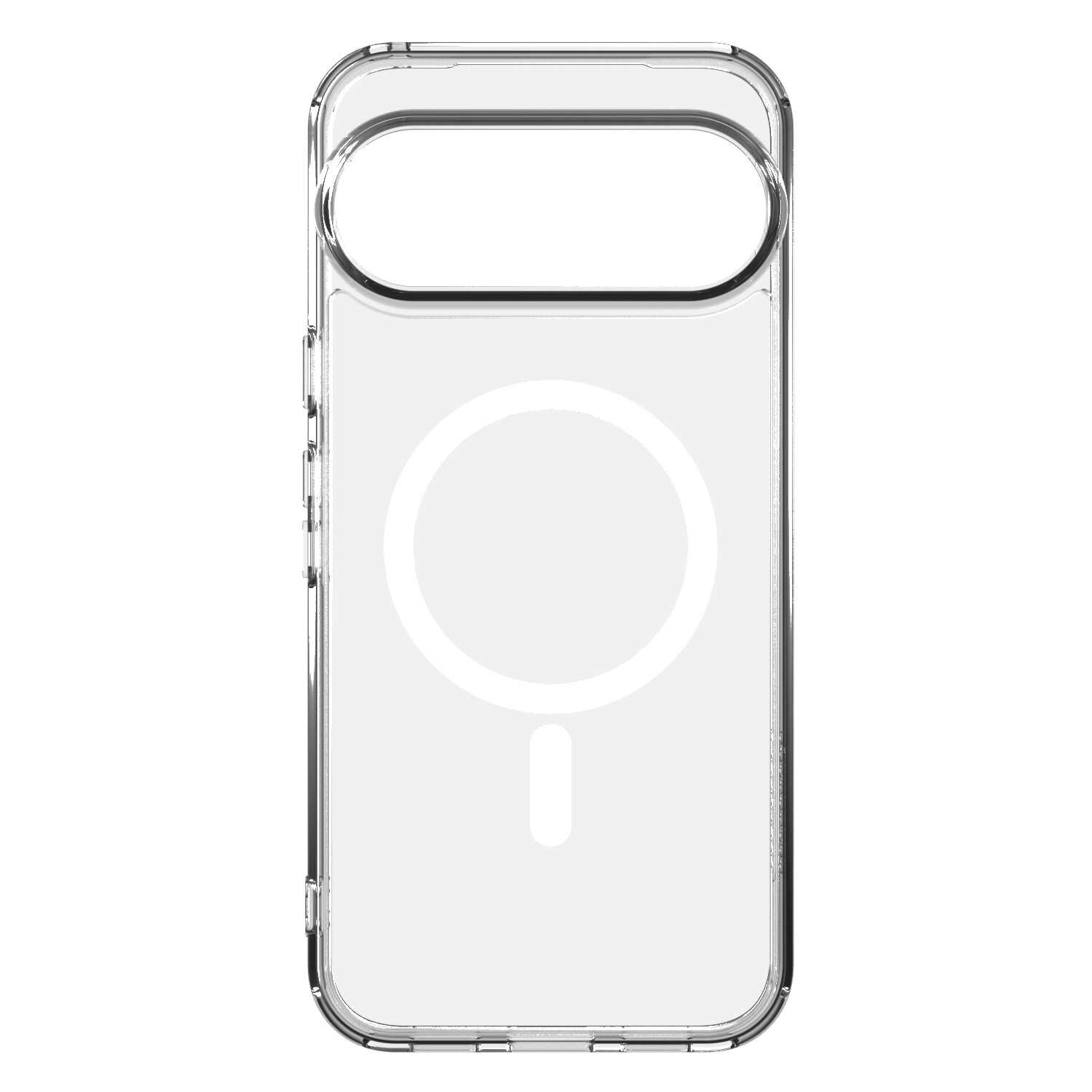Przezroczyste etui na telefon z widocznym okrągłym wzorem na środku i otworem na aparat u góry.