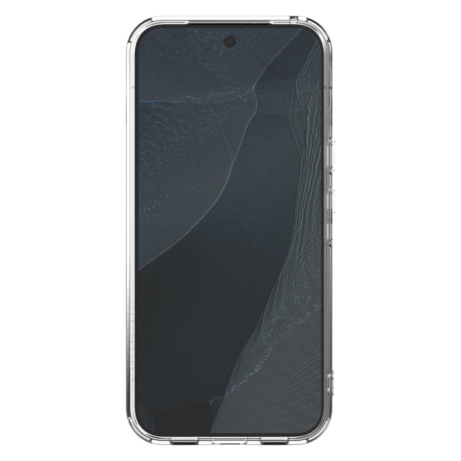Przezroczyste etui magnetyczne na smartfon z widocznymi przyciskami bocznymi. Telefon w etui ma ciemny ekran z subtelnym wzorem.