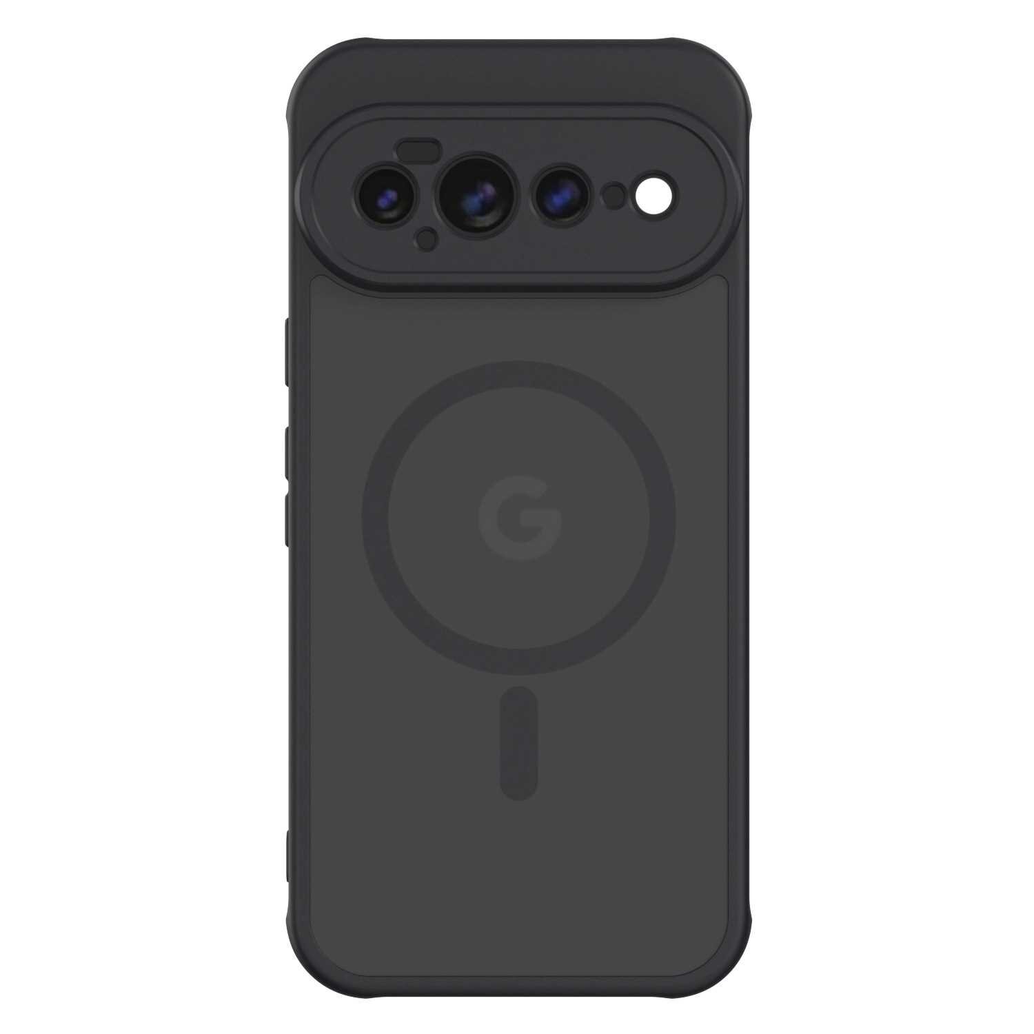 Czarne etui na telefon z widocznym logo \'G\' oraz okrągłym wzorem na środku. W górnej części znajdują się otwory na aparat i lampę błyskową.